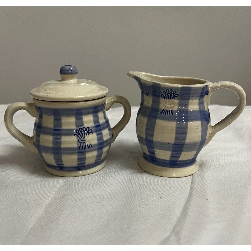 Vtg Cottagecore Blue Gingham Stoneware Cream Sugar Country Farmhouse Decor